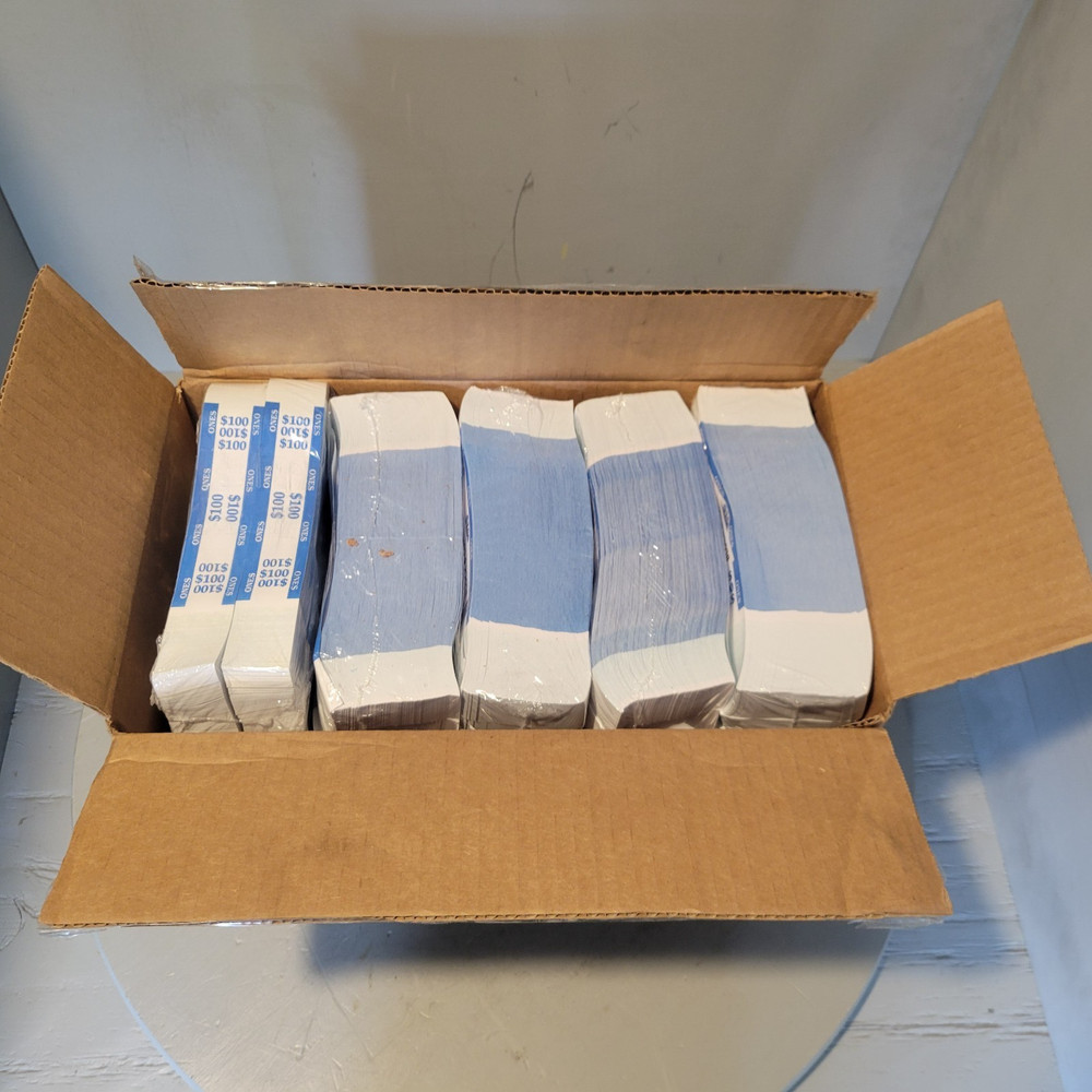 Box of 20 $100 (ONES) Currency Straps/Bands, (1000 Ct/Unit), Self-Adhesive, Blue