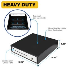 16&Prime; Heavy Duty Black Manual Push Open Cash Drawer with 5B/5C Stainless Steel
