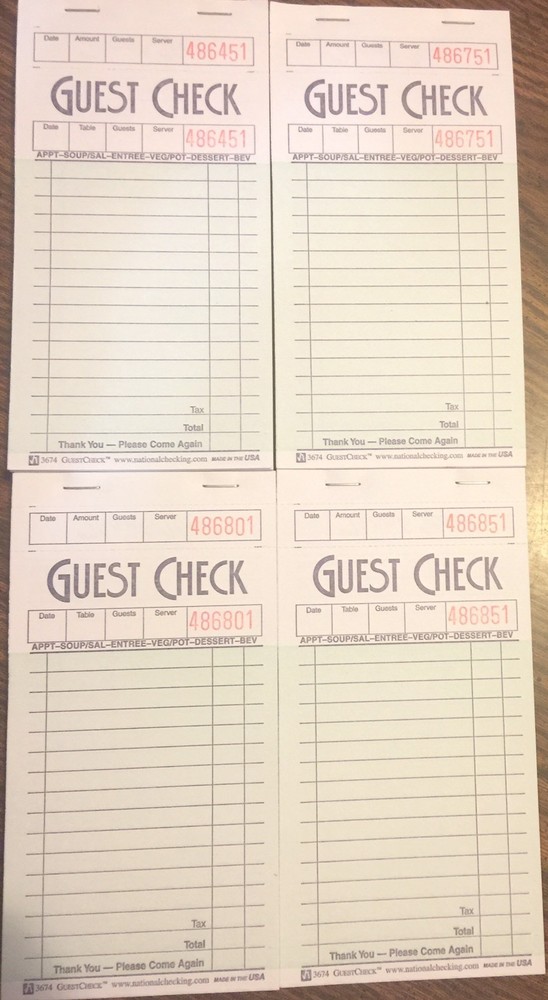 4 G3674 Guest Checks Book Waitress Pad 15 Line 50 Page Booklet Tear Off Top Stub