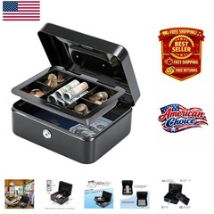 Compact Key Lock Cash Storage Box – Removable Tray Included, Black Design