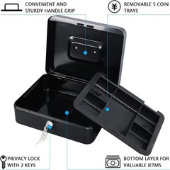 Large Black Metal Cash Box with Removable Tray & Dual Keys, Portable