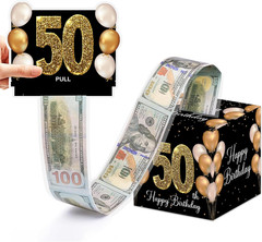 50Th Birthday Money Box for Cash Pull, Happy Birthday Black Gold Boxes Gifts …