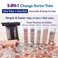 Change Sorter Tube Coin Counter with Coin Wrappers, 5-in-1 Coin Sorter Change…