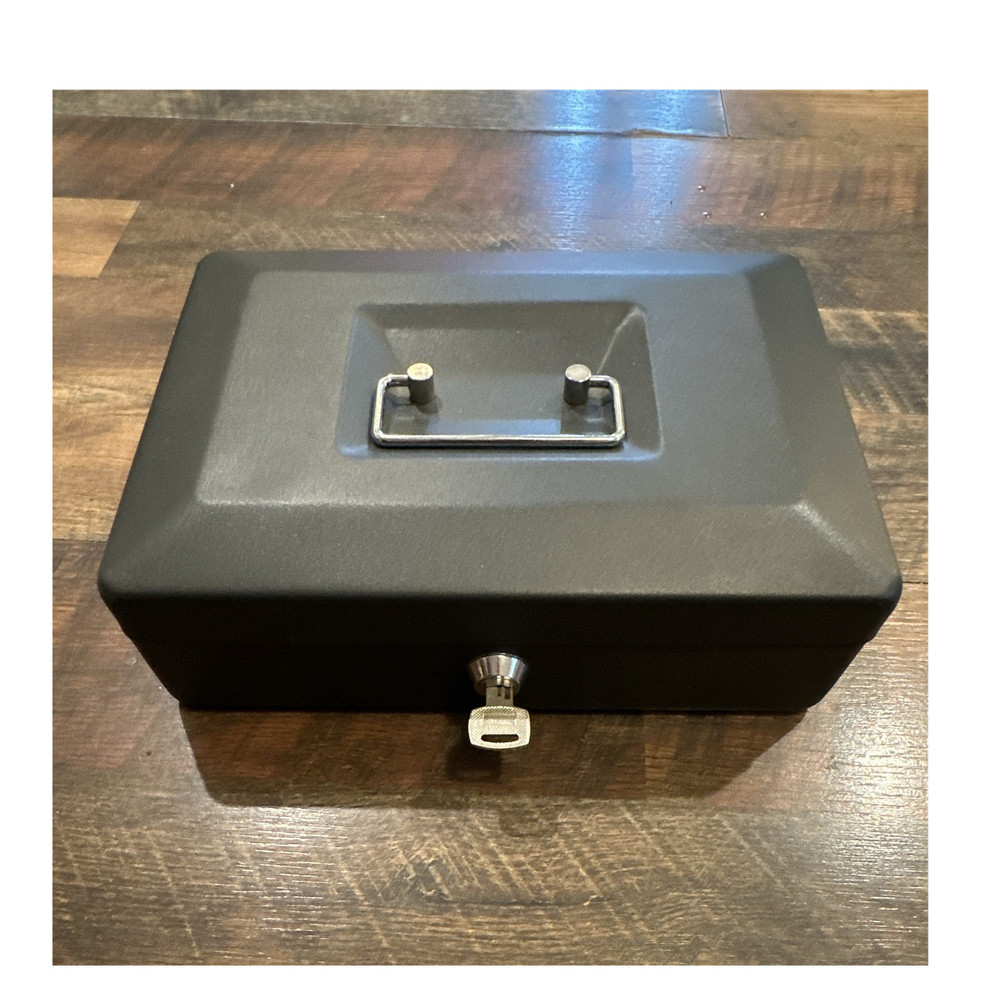 Lockable Metal Box, Black, Fire Proof, Portable Carry Handle, Key Lock w/ Key