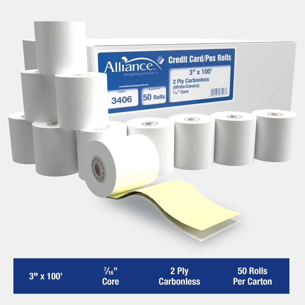 Alliance 2 Ply Carbonless Receipt Rolls 3&Prime; x 100&prime; 2-Ply White/Canary – 50 Rolls