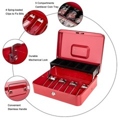 Cash Box with Money Tray and Key Lock Large Metal Money Safe Box with Cantilever