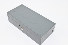 Vintage Gray Metal Lit-Ning Storage Craft Storage Cash Lock Box With Coin Tray