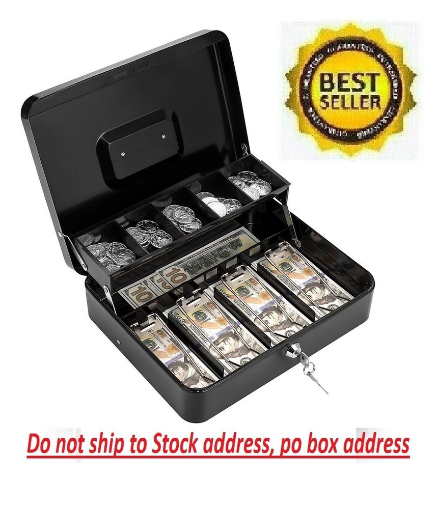 Cash Box with Lock Key and Money Tray Large Money Box for Cash Metal Lock Box