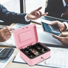Portable Pink Cash Box with Key Lock & Coin Organization