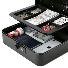 Black Large Metal Cash Box Combination Lock Removable Money Tray 9.8×7.9