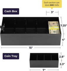 Cash Box Money Organizer – 15” x 7.5” x 4” Cashbox 5 Compartments Drawer Tray…