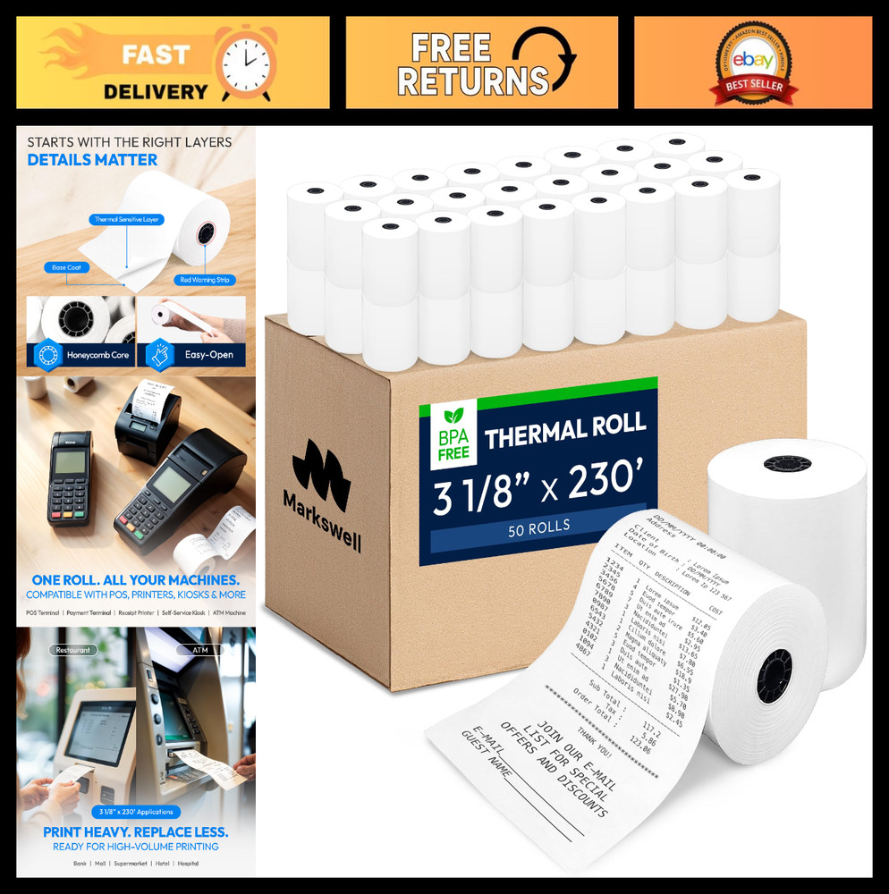 BPA Free Thermal Receipt Paper Rolls 3 1/8&Prime; x 230&prime; – 50 Pack, 48 GSM POS Tape