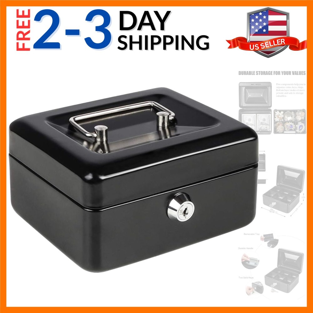 Cash Box with Money Tray, Small Money Box with Key Lock, 6&Prime; x 4 4/5&Prime; x 3&Prime;, Black