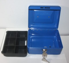 Blue Metal Cash Box Bank Safe With Lock and Key 6X4.5X3 Removable Drawer