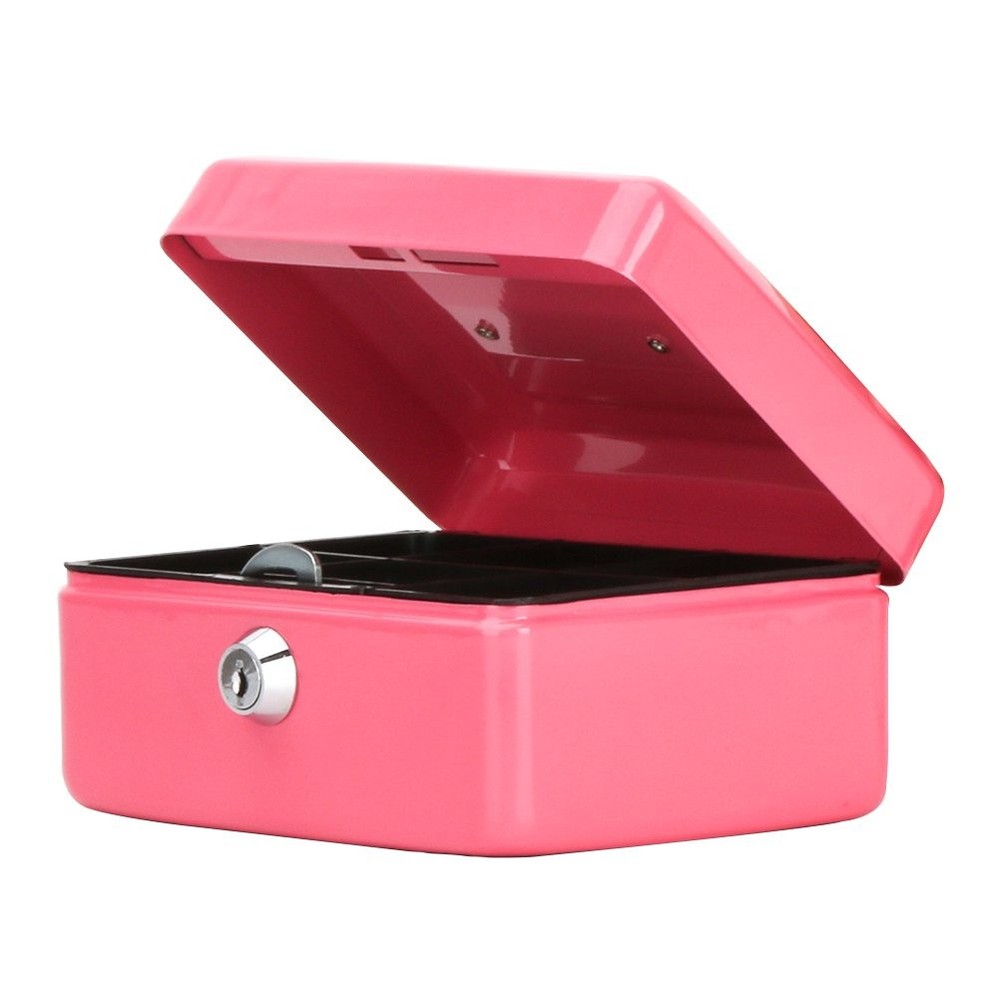 Small Cash Box, Key Lock, Metal, Double Layer, 2 Keys, Pink, 6 x 4.8 x 3.1