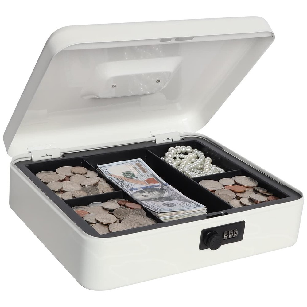 Large White Cash Box With Combination Lock Metal Money Box 11.8×9.5×3.54 In