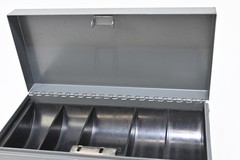 Vintage Gray Metal Lit-Ning Storage Craft Storage Cash Lock Box With Coin Tray