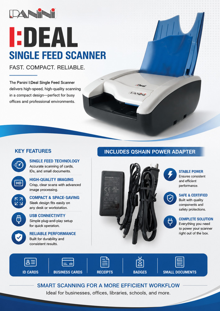 PANINI I:DEAL SINGLE FEED SCANNER with Qshain Power Adapter & USB Cord