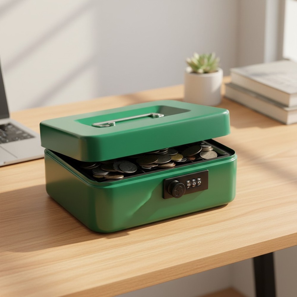Durable Metal Money Storage Box with Combination Lock – Green, Portable Design