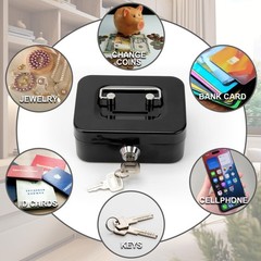 Mini Metal Cash Box with Slot, Small Cash Box with Handle and Key