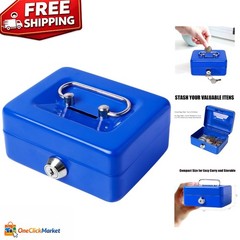 Elegant Blue Metal Cash Box with Key Lock – Perfect for Coins and Valuables