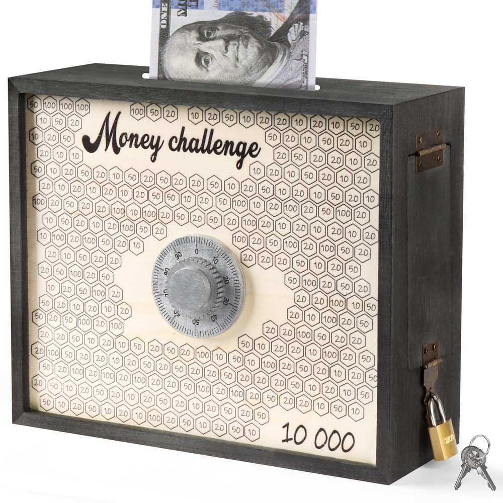 Mczxon 10000 Savings Challenge Box with Lock, Wooden Large 10k Money Saving B…