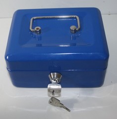 Blue Metal Cash Box Bank Safe With Lock and Key 6X4.5X3 Removable Drawer