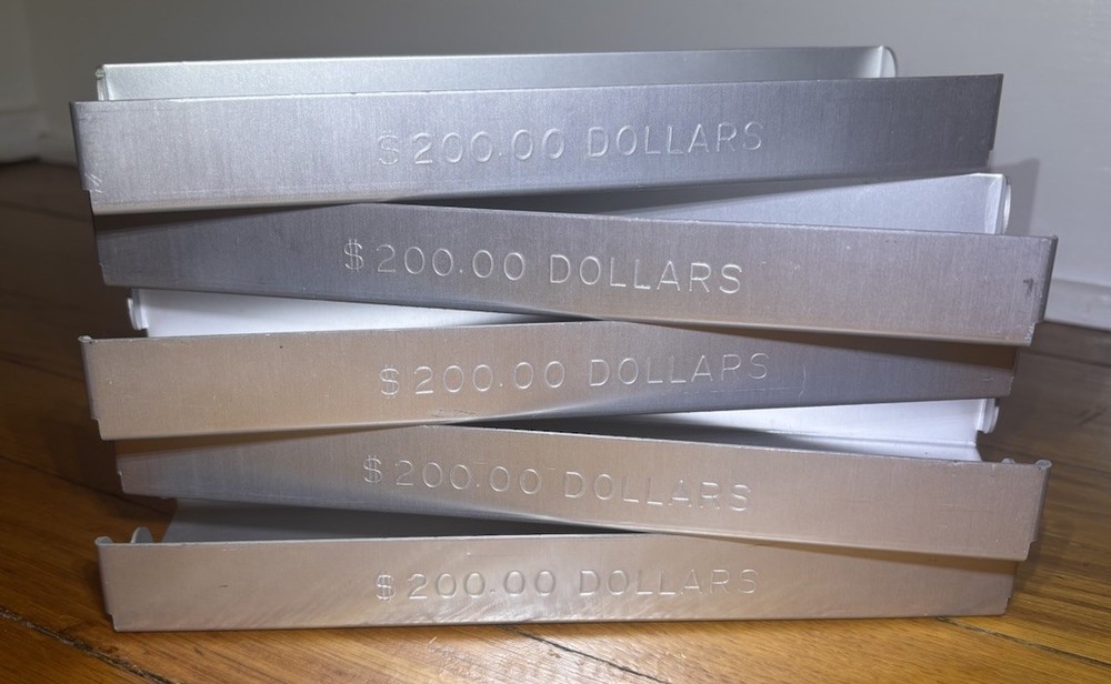 Lot of 5 MMF Industries Silver Aluminum Rolled $1 Dollar Coin Trays Holds $200