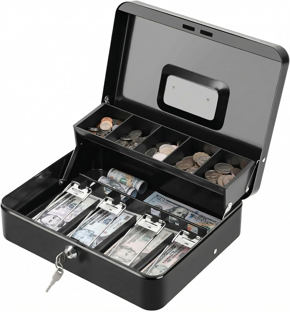 Locking Cash Box with Lock, Money Box with Cash Tray, Lock Safe Box with Key, Mo