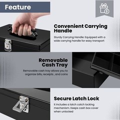 Cash Box with Money Tray and Lock – Cash Storage with Secure Latch Lock & Key