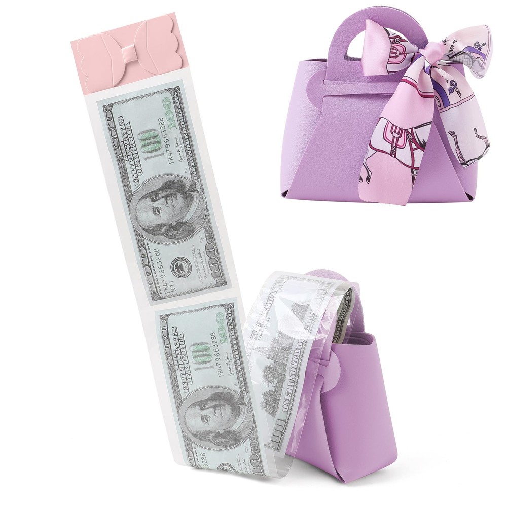 Money Pull Box for Cash, PU Leather Surprise Money Boxes with Ribbon