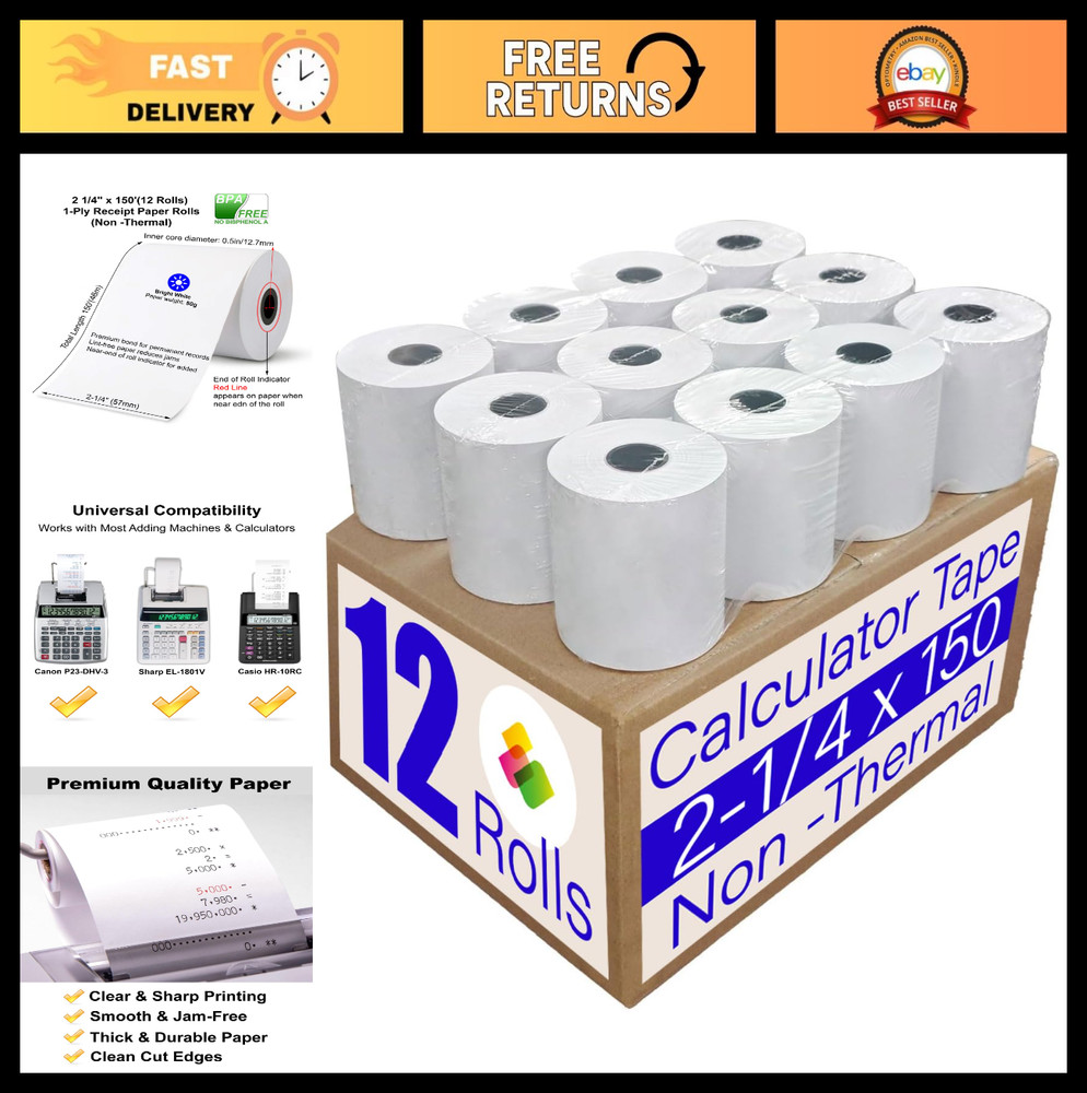 12 Rolls Adding Machine Tape 2 1/4&Prime; x 150 ft – Compatible with Multiple Models