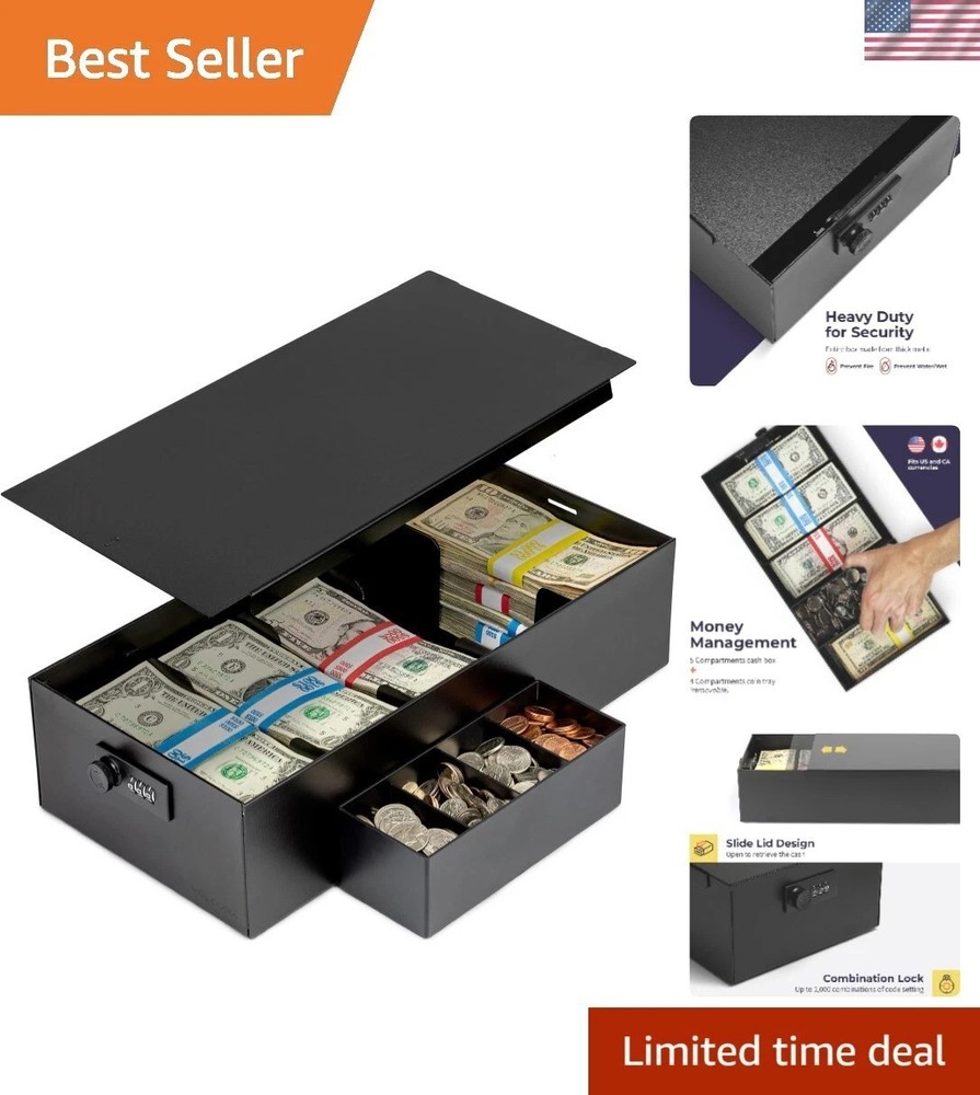 Cash Box Money Organizer – 15” x 7.5” x 4” Cashbox 5 Compartments Drawer Tray…