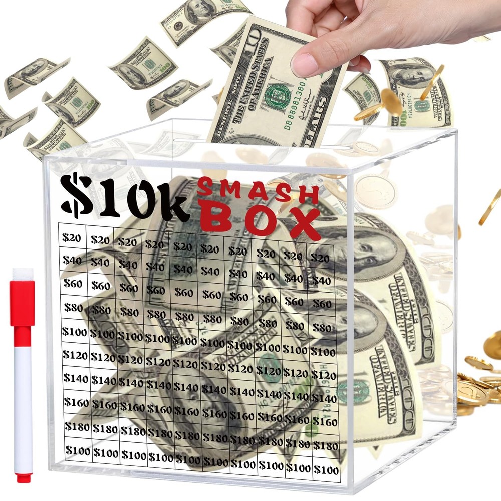 10k Smash Box for Money, Unbreakable Piggy Bank Adults Save $10,000 5.9in