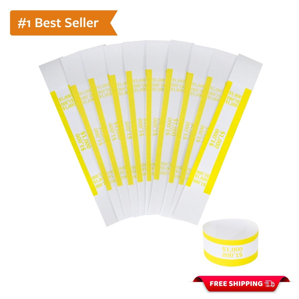 Self-Adhesive Currency Straps – Yellow Bill Wrappers, 7.5 x 1.15 Inches, 100pcs