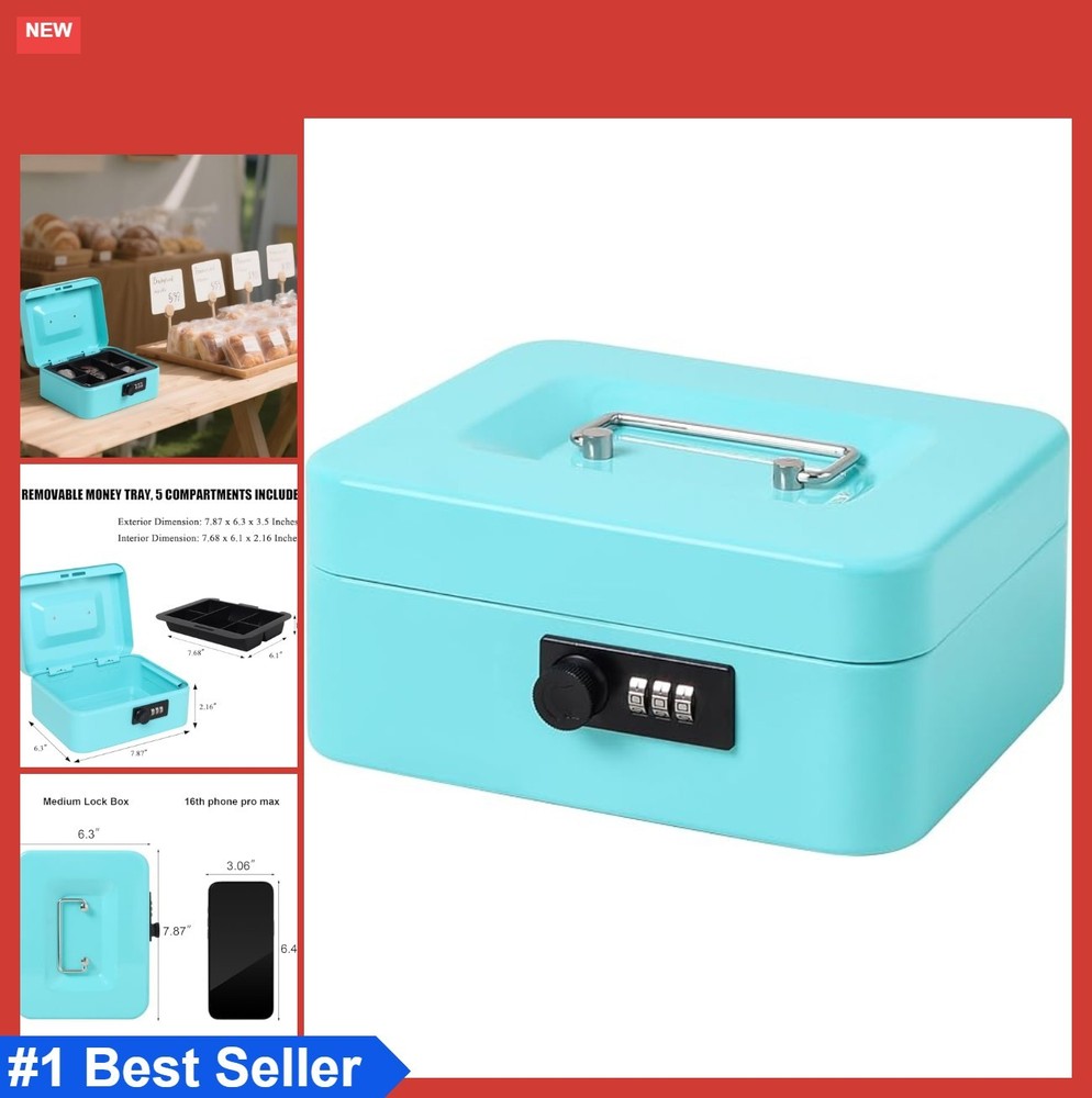 Cash Box with Combination Lock Durable Metal Money Tray Light Blue