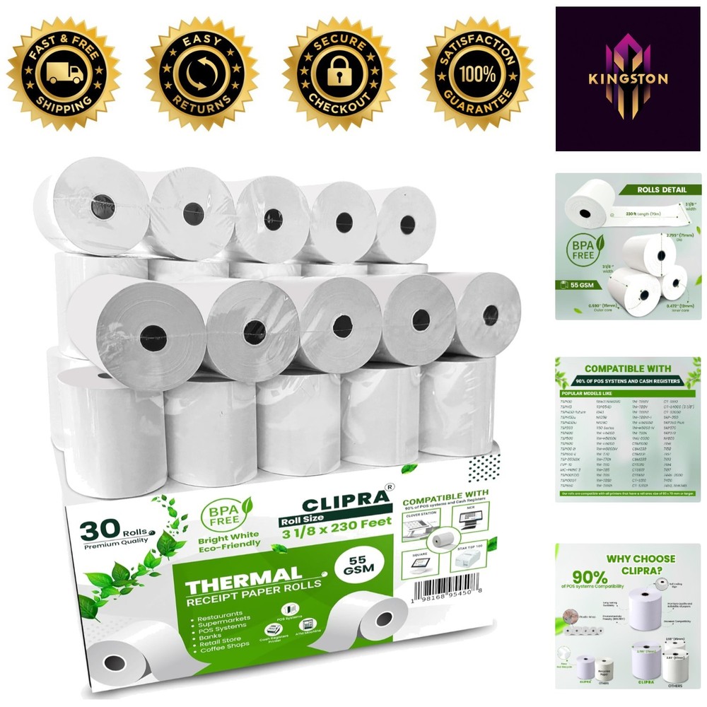 Reliable 3 1/8&Prime; x 230ft Receipt Rolls – 30 Pack, 55 GSM, Compatible with All POS
