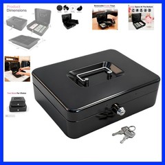 10&Prime; Cash Box with Money Tray, Black, Large | Metal Money Safe Lock Box, Key L…