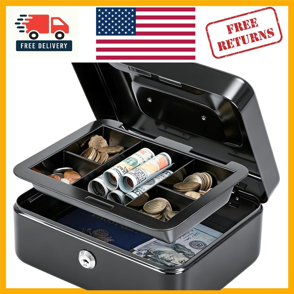 Safe and Portable Cash Box with Removable Tray & Key Lock – Stylish Black Design