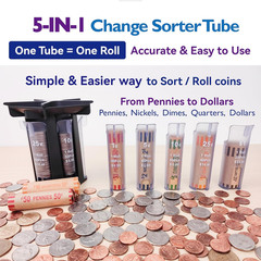 Coin Counter Change Sorter Tube with Coin Wrappers 5 in 1 Manual Coin Sorting
