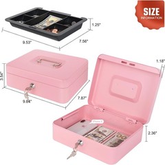 Pink Cash Box with Money Tray and Lock, Metal Money Box for Cash, Lock Box for M