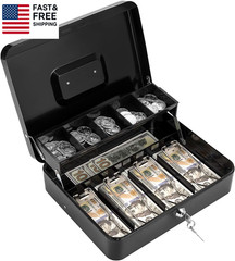 Cash Box with Lock Key and Money Tray – Large Money Box for Cash Register, Meta