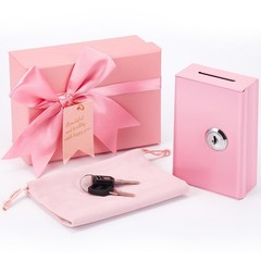 3 Pcs Metal Casino Cash Boxes with Keys and Storage Pouch, Pink