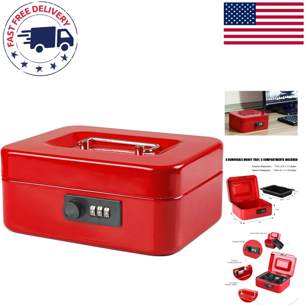 Medium Durable Metal Cash Box with Combination Lock & Tray – Red 7.87×6.3×3.35