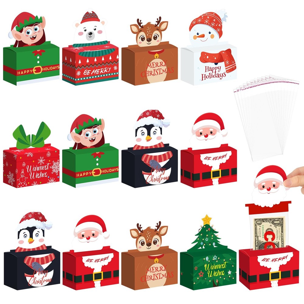 Christmas Money Box Cash Gift Pull Santa Dispenser 300 Transparent Bags 12 PCS