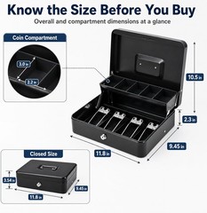 Scratch Resistant Cash Drawer with Windproof Bill Clips & Lock – 11.8&Prime; Black