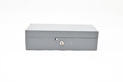 Vintage Gray Metal Lit-Ning Storage Craft Storage Cash Lock Box With Coin Tray