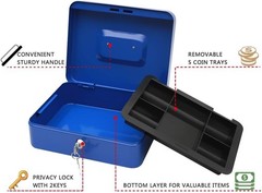 Large Blue Lock Box with Money Tray Safe Metal Cash Storage 9.84×7.87×3.54 in…