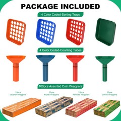 Coin Sorter Tray & Coin Sorter Tube – 4 Color Coded Coin Separator Trays and …