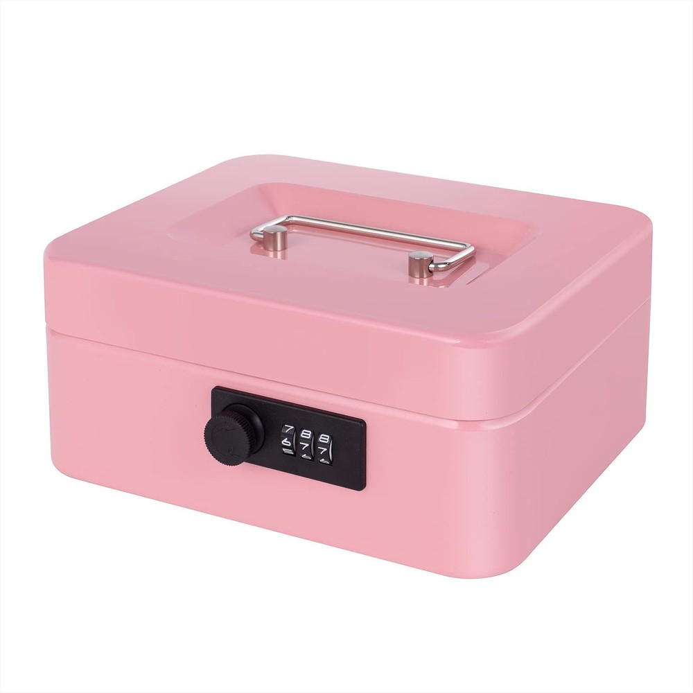 Pink Metal Cash Box Combination Lock Money Tray Safe 7.87×6.3×3.54 Inch